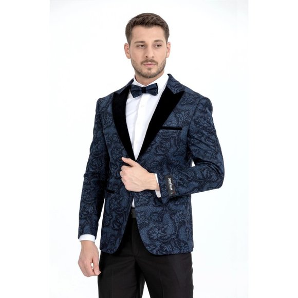 Derman Blue Floral Patterned Silvery Fabric Tuxedo - Picture 5 of 7